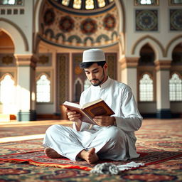 A young male Muslim student, dressed in a traditional white kurta, sitting cross-legged on a colorful prayer mat, deeply engrossed in reading the Quran