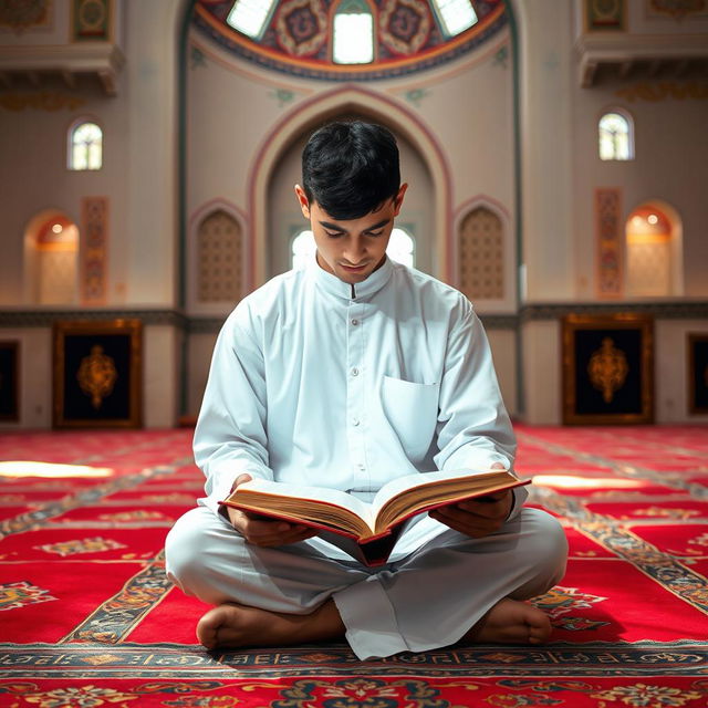 A young male Muslim student, dressed in a traditional white kurta, sitting cross-legged on a colorful prayer mat, deeply engrossed in reading the Quran