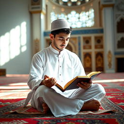 A young male Muslim student, dressed in a traditional white kurta, sitting cross-legged on a colorful prayer mat, deeply engrossed in reading the Quran