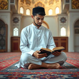 A young male Muslim student, dressed in a traditional white kurta, sitting cross-legged on a colorful prayer mat, deeply engrossed in reading the Quran
