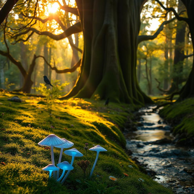 An ethereal forest during the golden hour, sunlight streaming through the leaves, casting dappled shadows on the forest floor