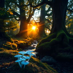 An ethereal forest during the golden hour, sunlight streaming through the leaves, casting dappled shadows on the forest floor