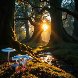 An ethereal forest during the golden hour, sunlight streaming through the leaves, casting dappled shadows on the forest floor