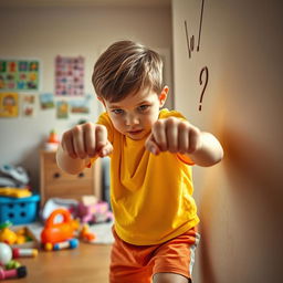 A dramatic scene depicting a young child with a determined expression, energetically punching a wall in an indoor setting