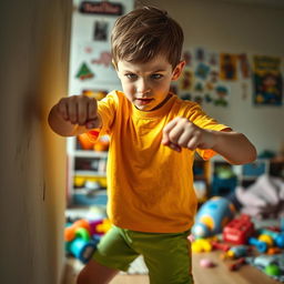 A dramatic scene depicting a young child with a determined expression, energetically punching a wall in an indoor setting