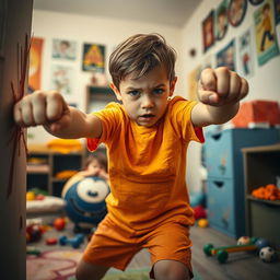 A dramatic scene depicting a young child with a determined expression, energetically punching a wall in an indoor setting
