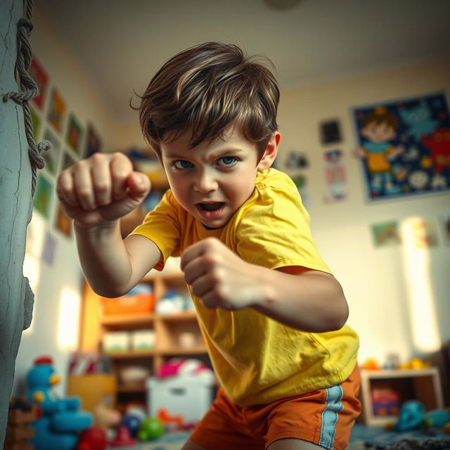 A dramatic scene depicting a young child with a determined expression, energetically punching a wall in an indoor setting