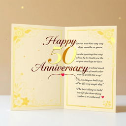 A beautiful and elegant card design for a 50th wedding anniversary, featuring a golden color theme to represent the golden anniversary milestone