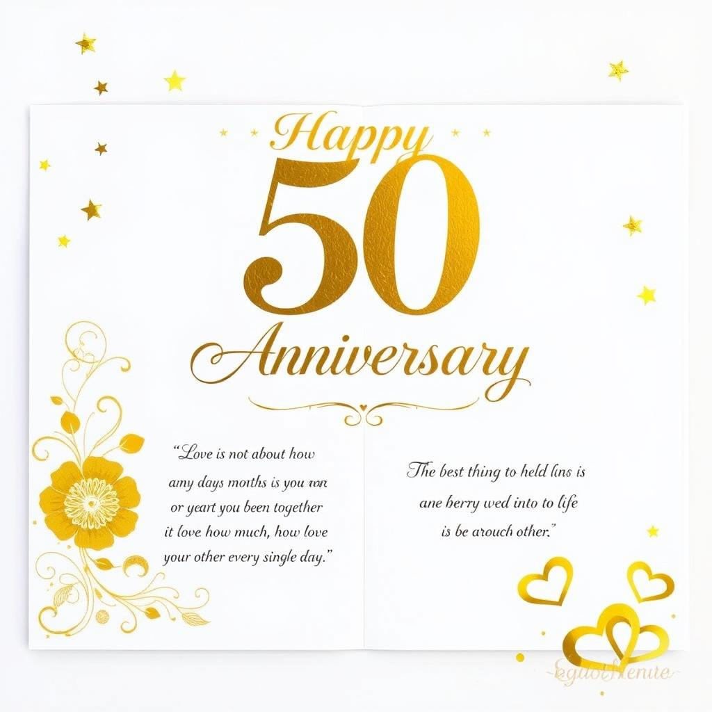 A beautiful and elegant card design for a 50th wedding anniversary, featuring a golden color theme to represent the golden anniversary milestone