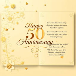 A beautiful and elegant card design for a 50th wedding anniversary, featuring a golden color theme to represent the golden anniversary milestone