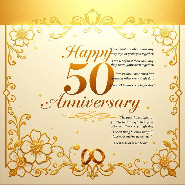 A beautiful and elegant card design for a 50th wedding anniversary, featuring a golden color theme to represent the golden anniversary milestone