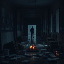 A somber, dark-toned image depicting an empty school corridor cluttered with overturned desks and scattered books