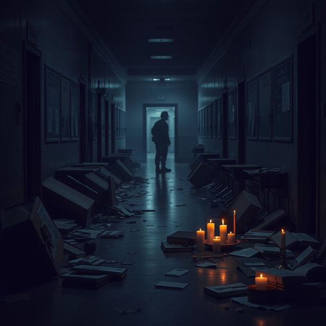 A somber, dark-toned image depicting an empty school corridor cluttered with overturned desks and scattered books