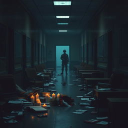 A somber, dark-toned image depicting an empty school corridor cluttered with overturned desks and scattered books