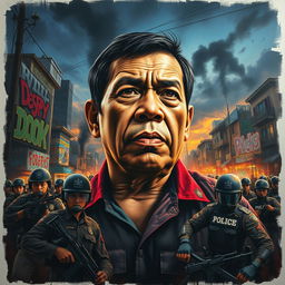 A powerful and evocative artwork depicting Rodrigo Duterte, the former President of the Philippines, surrounded by a dramatic representation of his controversial war on drugs