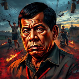 A powerful and evocative artwork depicting Rodrigo Duterte, the former President of the Philippines, surrounded by a dramatic representation of his controversial war on drugs