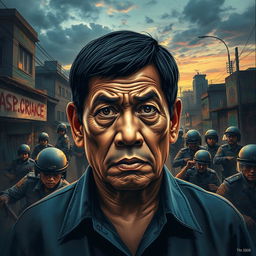 A powerful and evocative artwork depicting Rodrigo Duterte, the former President of the Philippines, surrounded by a dramatic representation of his controversial war on drugs