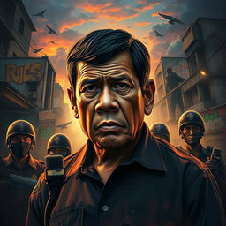 A powerful and evocative artwork depicting Rodrigo Duterte, the former President of the Philippines, surrounded by a dramatic representation of his controversial war on drugs