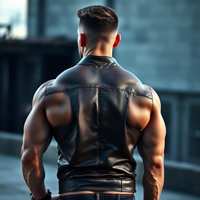 A handsome man wearing a stylish leather jacket that accentuates his extremely muscular build