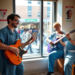 A lively scene in a doctor's break room, featuring two male doctors enthusiastically playing guitars and one female doctor skillfully playing the violin