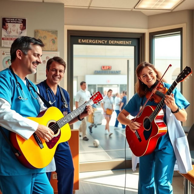 A lively scene in a doctor's break room, featuring two male doctors enthusiastically playing guitars and one female doctor skillfully playing the violin