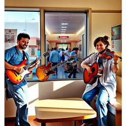 A lively scene in a doctor's break room, featuring two male doctors enthusiastically playing guitars and one female doctor skillfully playing the violin