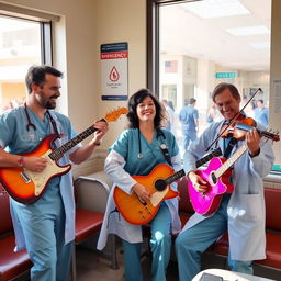A lively scene in a doctor's break room, featuring two male doctors enthusiastically playing guitars and one female doctor skillfully playing the violin