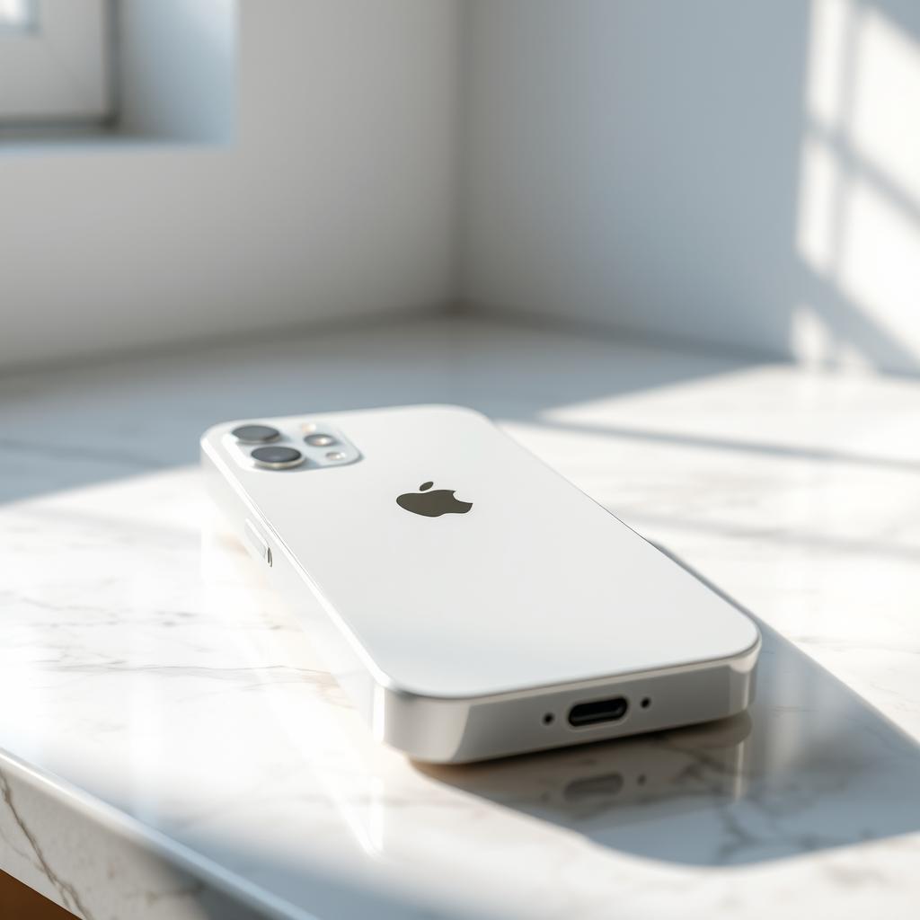 A high-quality close-up shot of an iPhone 16 Pro Max in a sleek white color, showcasing its elegant design with a stunning glass back and the signature Apple logo prominently displayed