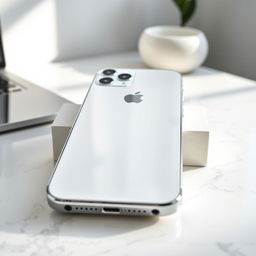 A high-quality close-up shot of an iPhone 16 Pro Max in a sleek white color, showcasing its elegant design with a stunning glass back and the signature Apple logo prominently displayed