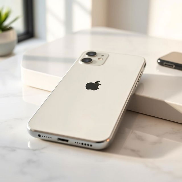 A high-quality close-up shot of an iPhone 16 Pro Max in a sleek white color, showcasing its elegant design with a stunning glass back and the signature Apple logo prominently displayed