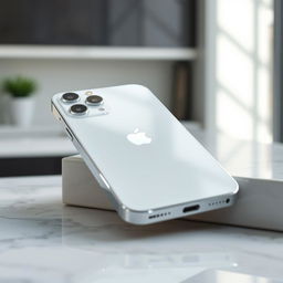 A high-quality close-up shot of an iPhone 16 Pro Max in a sleek white color, showcasing its elegant design with a stunning glass back and the signature Apple logo prominently displayed