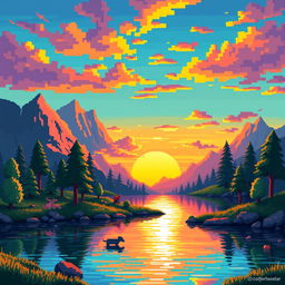 A vibrant pixel art gif of a fantasy landscape, showcasing a colorful sunset over a serene lake surrounded by stylized trees and mountains, small pixelated animals moving around playfully, with the water reflecting the sunset's hues, animated to create a gentle rippling effect on the water and shimmering light across the scene