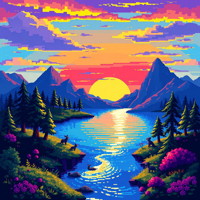 A vibrant pixel art gif of a fantasy landscape, showcasing a colorful sunset over a serene lake surrounded by stylized trees and mountains, small pixelated animals moving around playfully, with the water reflecting the sunset's hues, animated to create a gentle rippling effect on the water and shimmering light across the scene