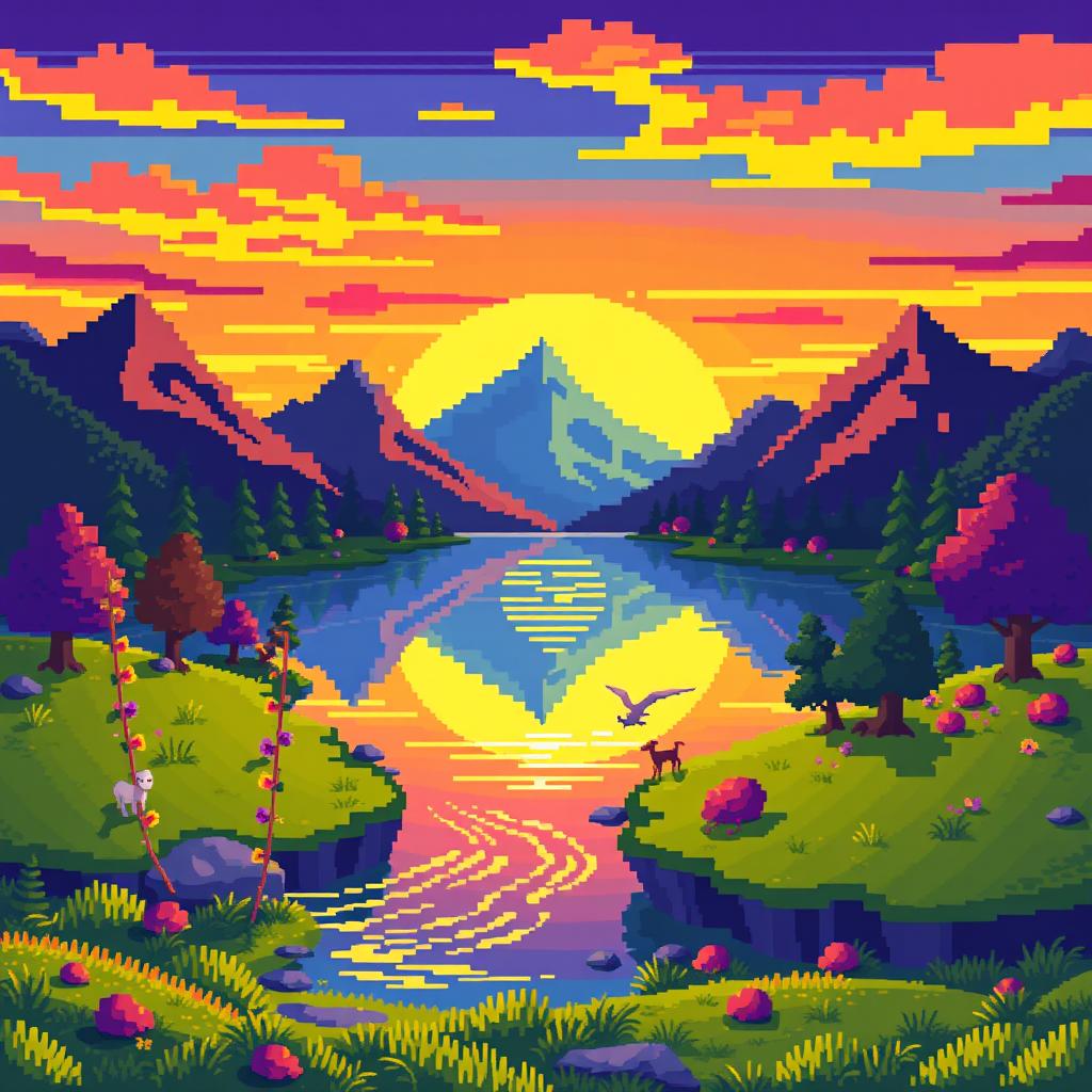 A vibrant pixel art gif of a fantasy landscape, showcasing a colorful sunset over a serene lake surrounded by stylized trees and mountains, small pixelated animals moving around playfully, with the water reflecting the sunset's hues, animated to create a gentle rippling effect on the water and shimmering light across the scene