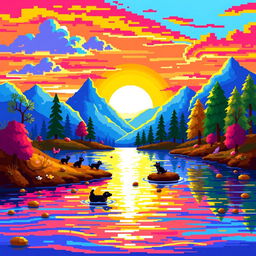 A vibrant pixel art gif of a fantasy landscape, showcasing a colorful sunset over a serene lake surrounded by stylized trees and mountains, small pixelated animals moving around playfully, with the water reflecting the sunset's hues, animated to create a gentle rippling effect on the water and shimmering light across the scene
