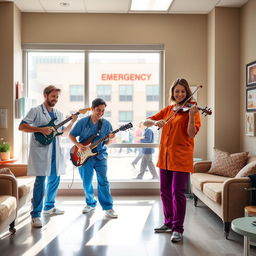 A vibrant scene in a doctor's break room, depicting two male doctors energetically playing guitars and one female doctor gracefully playing the violin