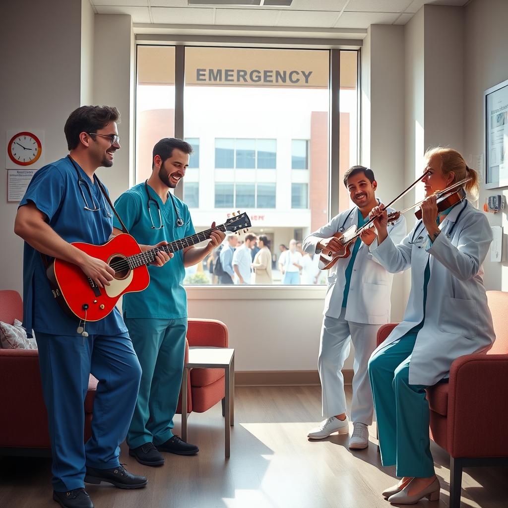 A vibrant scene in a doctor's break room, depicting two male doctors energetically playing guitars and one female doctor gracefully playing the violin