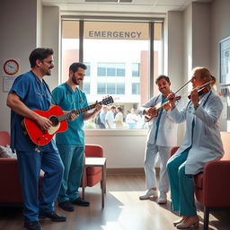 A vibrant scene in a doctor's break room, depicting two male doctors energetically playing guitars and one female doctor gracefully playing the violin