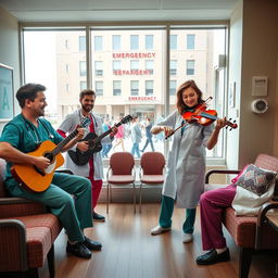 A vibrant scene in a doctor's break room, depicting two male doctors energetically playing guitars and one female doctor gracefully playing the violin