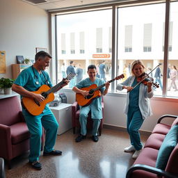 A vibrant scene in a doctor's break room, depicting two male doctors energetically playing guitars and one female doctor gracefully playing the violin