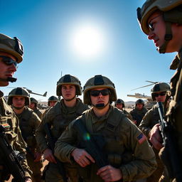 A high-resolution army photo depicting soldiers in various uniforms and gear, showcasing camaraderie and teamwork