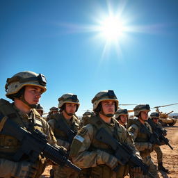 A high-resolution army photo depicting soldiers in various uniforms and gear, showcasing camaraderie and teamwork