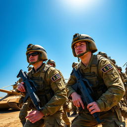 A high-resolution army photo depicting soldiers in various uniforms and gear, showcasing camaraderie and teamwork