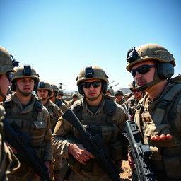 A high-resolution army photo depicting soldiers in various uniforms and gear, showcasing camaraderie and teamwork