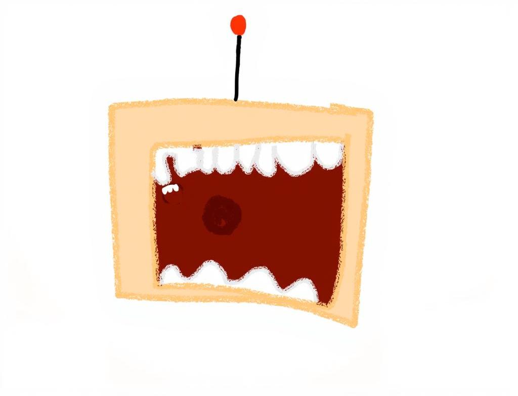 An abstract, maximalist illustration featuring a cartoonish, exaggerated television with large, sharp teeth and a red antenna on top, representing a mouth-like design