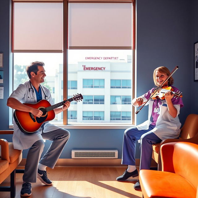 An engaging scene set in a doctor's break room where two male doctors are playing guitars and a female doctor is beautifully playing the violin