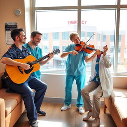 An engaging scene set in a doctor's break room where two male doctors are playing guitars and a female doctor is beautifully playing the violin