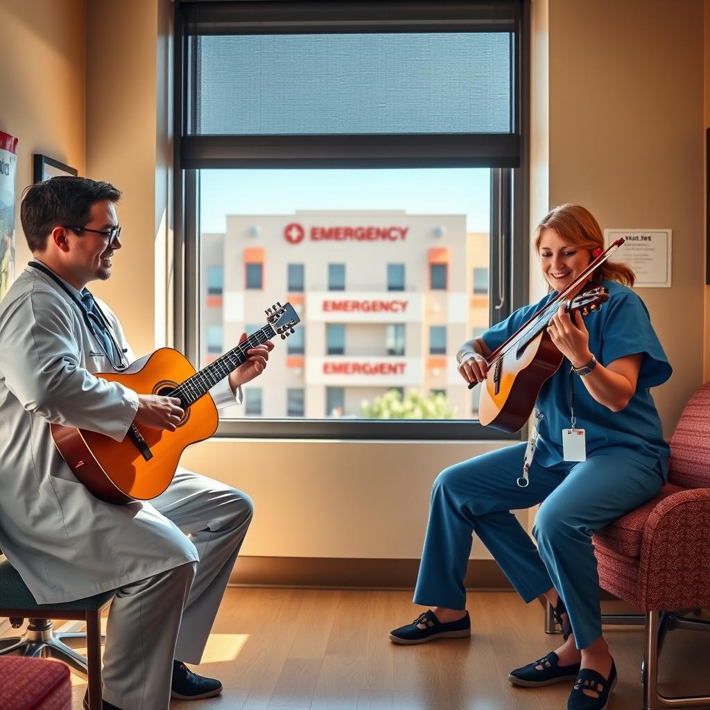 An engaging scene set in a doctor's break room where two male doctors are playing guitars and a female doctor is beautifully playing the violin