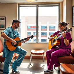 An engaging scene set in a doctor's break room where two male doctors are playing guitars and a female doctor is beautifully playing the violin