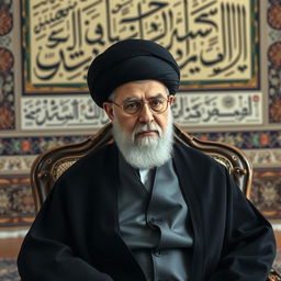 A dignified portrait of Ayatollah Khamenei, depicted with a solemn expression
